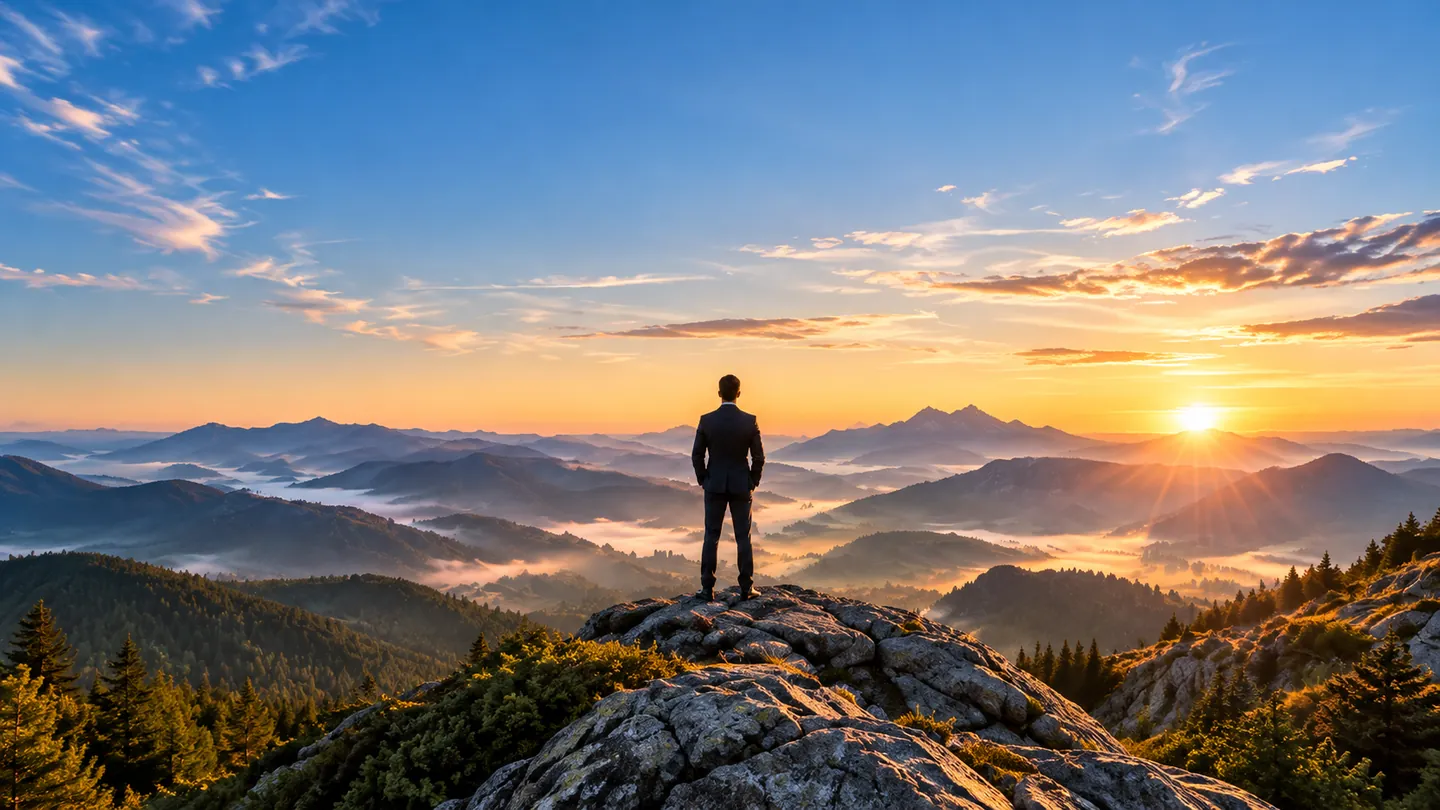 Un dirigeant, de dos au sommet d'une crête, face à une vallée de nuages au lever du soleil.